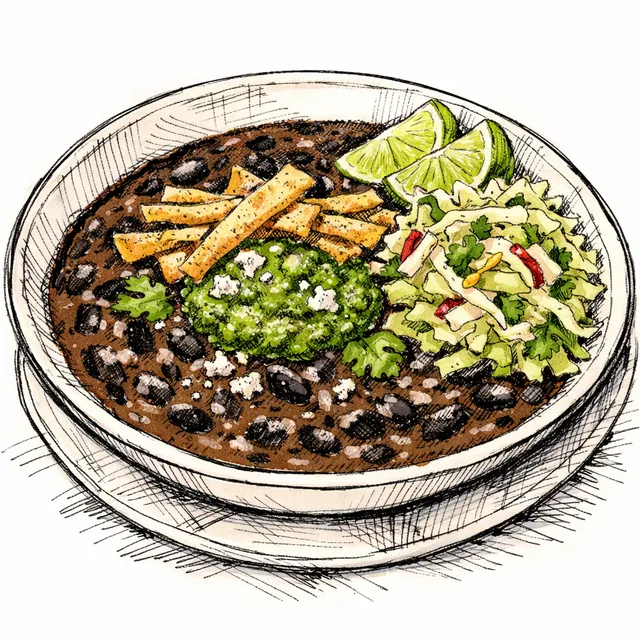 Black Bean–Ancho Soup with Quick Hoja Santa “Brooklyn Pesto” + Limey Cabbage Crunch