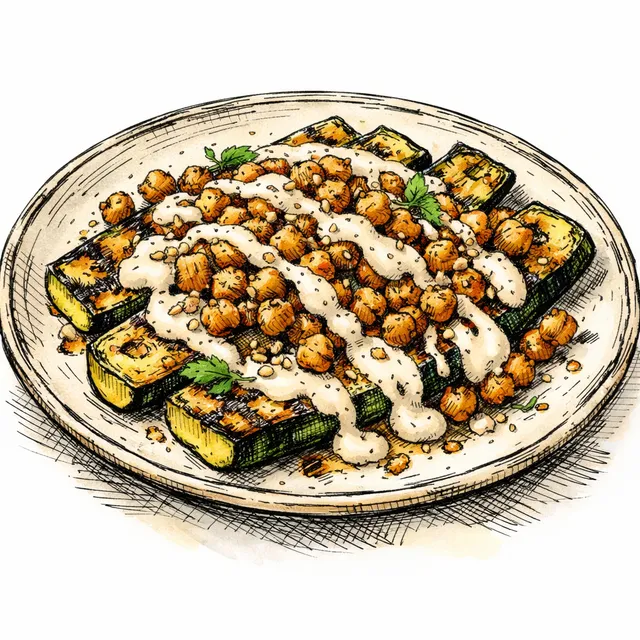 Fire-Charred Zucchini Planks with Ras el Hanout Chickpea Crunch & Velvet Garlic Tahini
