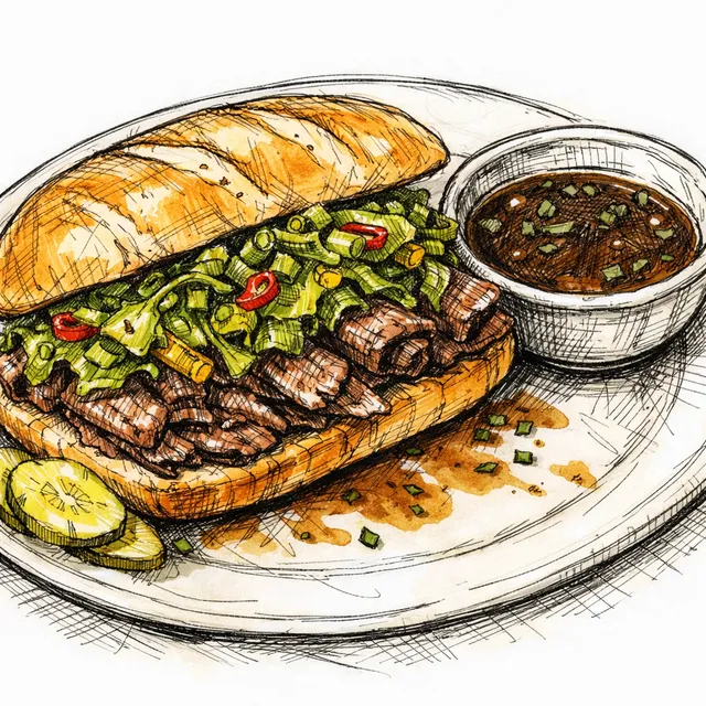 Southern Deli-Style Braised Chuck “Roast Beef” Sandwiches with Quick Pickled Mustard Greens & Comeback Jus