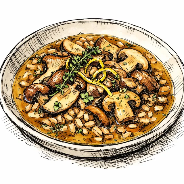 Wild Mushroom & Farro Sunday-Supper Broth with Calvados, Thyme, and Lemony Beurre Monté