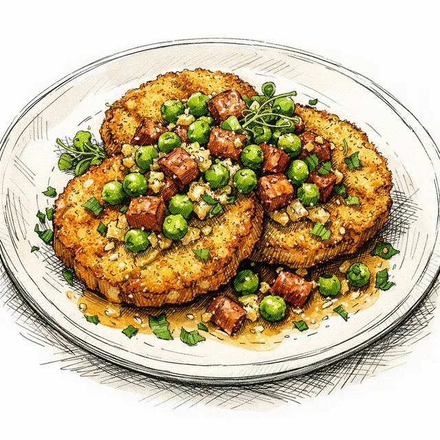 Cornmeal-Crusted Green Tomato Steaks with Spring Pea & Andouille Butter