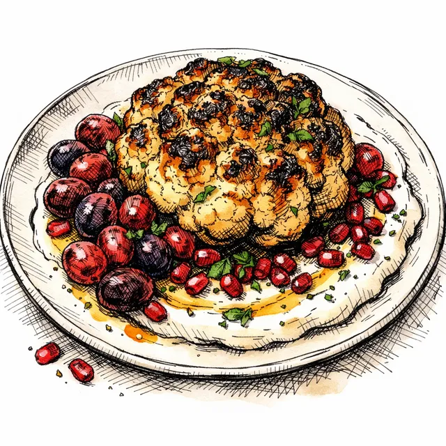 High-Heat Whole Cauliflower with Blistered Grapes & Pomegranate Labneh