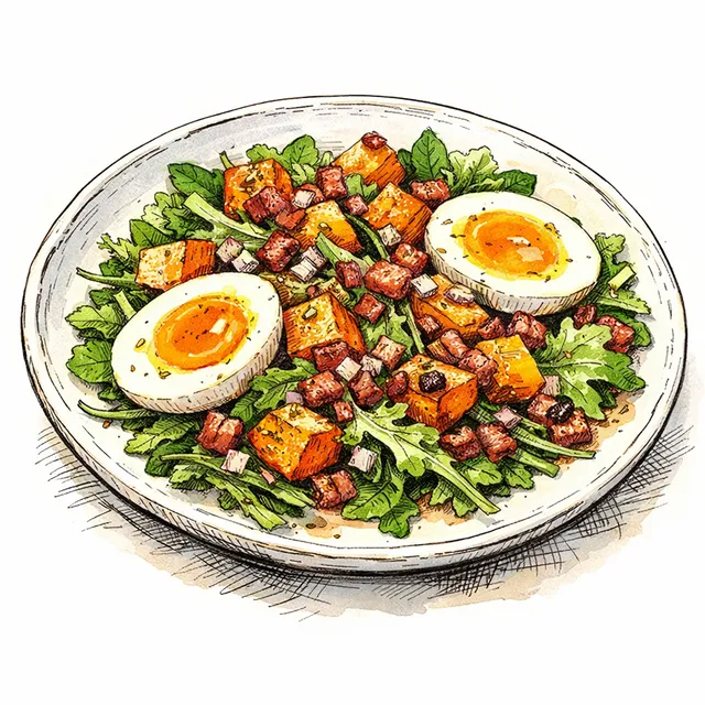 Roasted Butternut Squash Bistro Salade with Jammy Eggs & Warm Pancetta-Shallot Vinaigrette