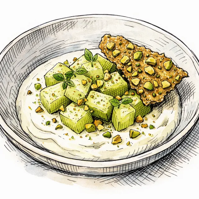 Cold-Infused Cardamom Cream with Lime-Dressed Honeydew & Salted Pistachio Snap