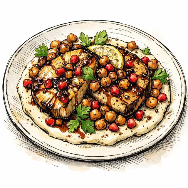 High-Heat Celeriac “Steaks” with Roasted Garlic–Tahini, Pomegranate-Molasses Glaze & Crispy Lemon–Za’atar Chickpea Crunch