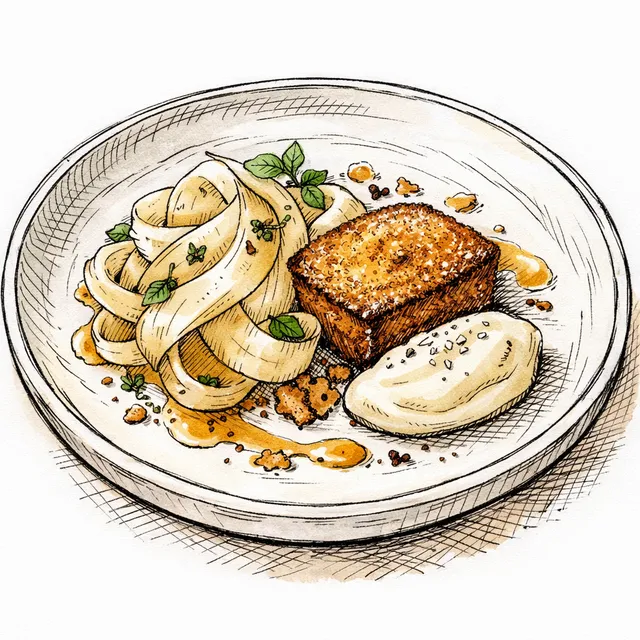 Cold-Infused Lapsang Pear Ribbons with Brown Butter Financier & Salted Crème