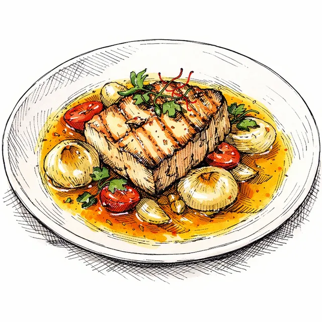 The Triennale Terrace: Gentle Pan-Roasted Swordfish with Saffron-Vermouth Brodo and Melted Cipollini