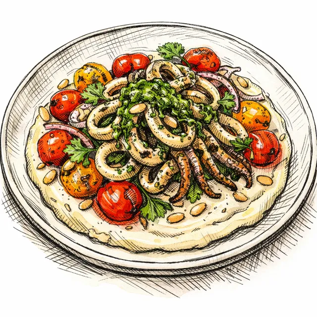 High-Heat Charred Zhoug Calamari over Velvet Tahini & Blistered Tomato Salad