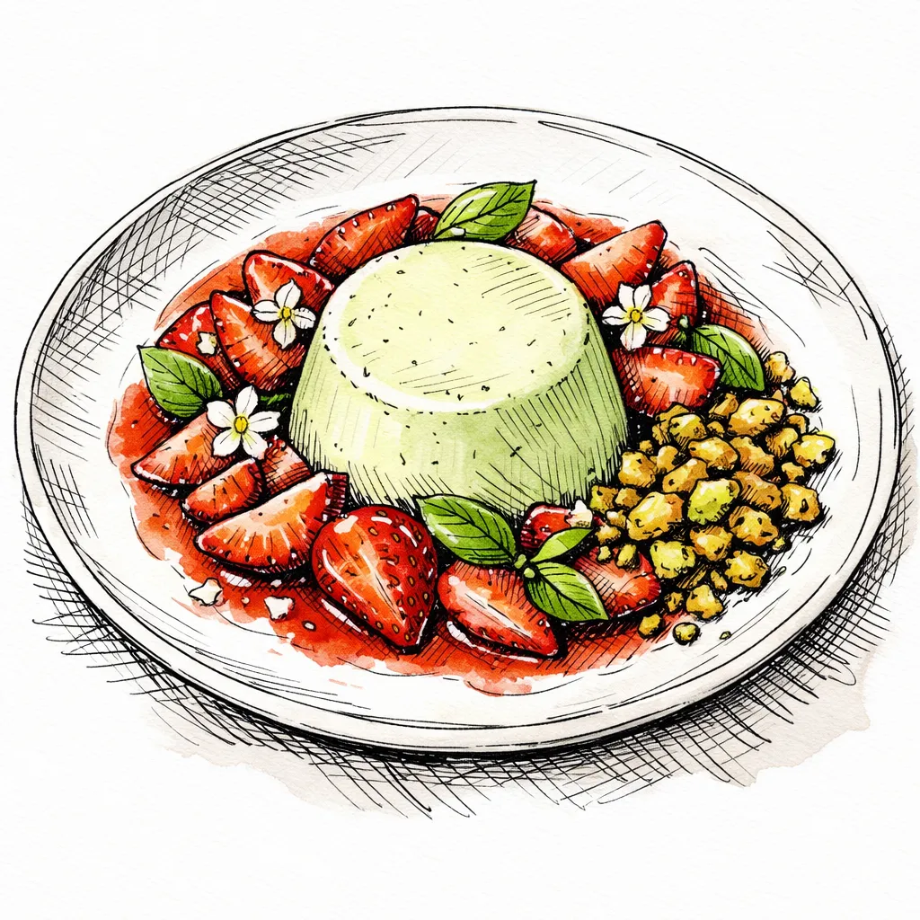 Cold-Set Basil Panna Cotta with Orange Blossom Strawberries &amp; Salty Pistachio Crunch by Theo Glass | inspochef | inspochef