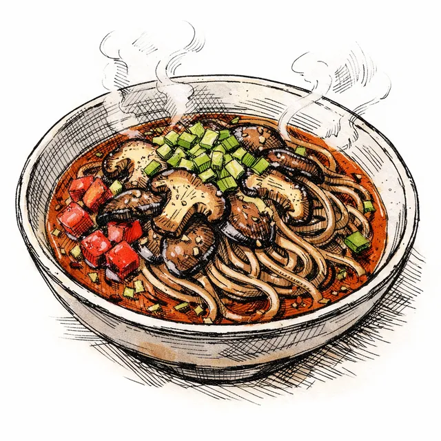 Shiitake Soba “Noodle Shop Steam” with Instant Tomato–Kombu Dashi & Scallion–Sansho Aromatic Oil