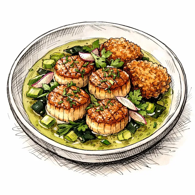 Quick-Seared Scallops with Tomatillo-Kombu Broth & Crispy Sushi Rice