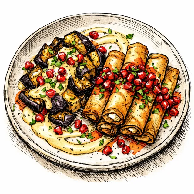 Crispy Fire-Roasted Eggplant & Feta Phyllo Cigars with Pomegranate Shatta & Velvet Lemon Tahini