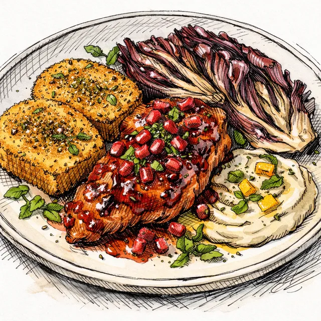 Pomegranate-Glazed Chicken with Crispy Za’atar Polenta, Charred Radicchio, and Preserved Lemon–Herb Tahini