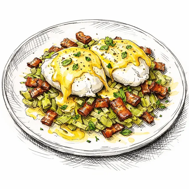 Sun-Drenched Bistro Poached Eggs with Melted Leeks, Crisp Lardons & Meyer Lemon Hollandaise