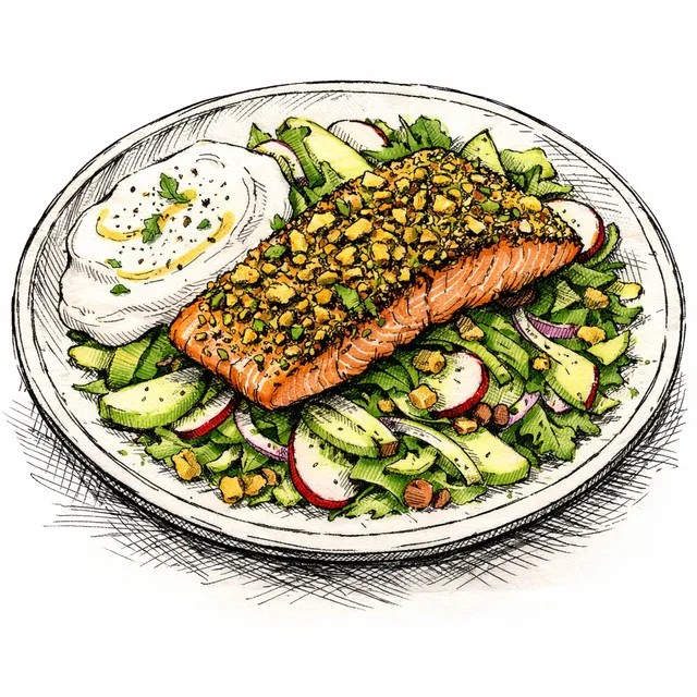 Za'atar & Pistachio-Crusted Salmon over Green Apple Crunch Salad with Whipped Garlic Yogurt