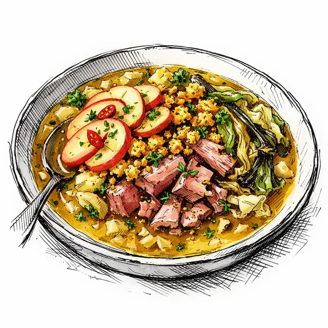 Ham Hock & Charred Cabbage Comfort Soup with Pickled Sweet-Heat Apples and Cornbread Crumb Crunch