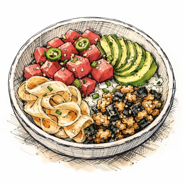 Ahi Tuna “Serrano-Avocado” Chirashi Bowl with Quick-Pickled Daikon Ribbons & Crispy Rice–Nori Crunch