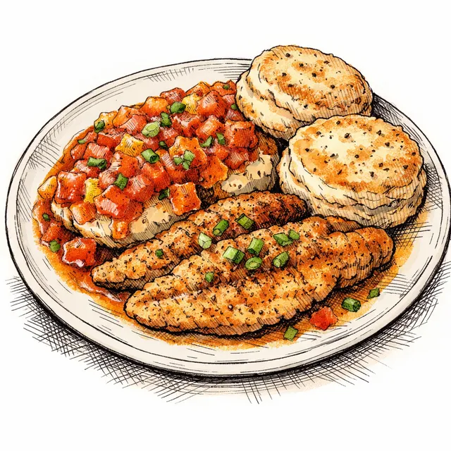 Pan-Fried Breakfast Catfish with Black Pepper Biscuits & Heirloom Tomato Gravy