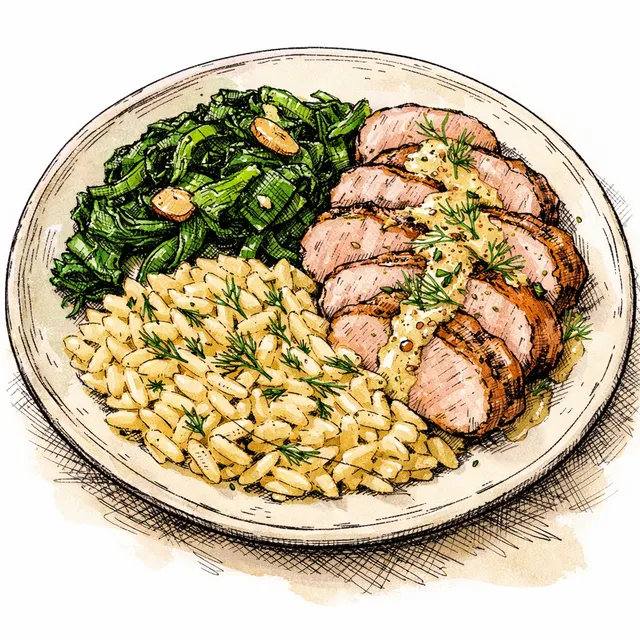 Tuesday-Night Cozy Pork Tenderloin with Creamy Mustard-Dill Orzo + Garlicky Greens (One Covered Skillet)