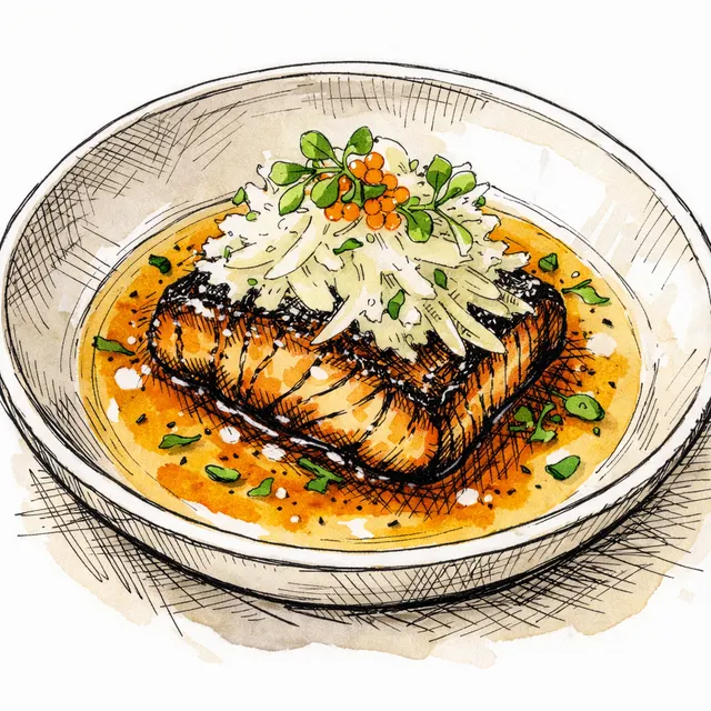 Yaki-Mushi Black Cod with Shaved Fennel–Pear Snow and a Fast Emulsified Ponzu-Butter