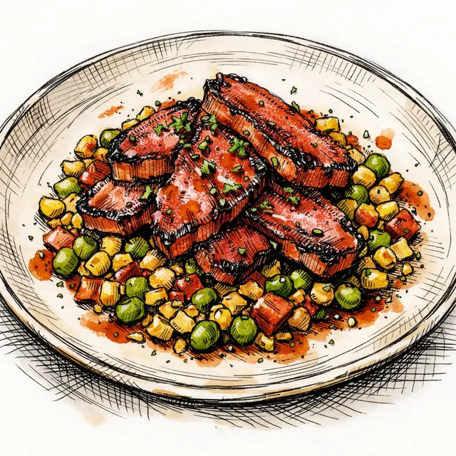 Cast-Iron Crispy Country Ham & Field Pea Succotash with Sorghum Red-Eye Vinaigrette