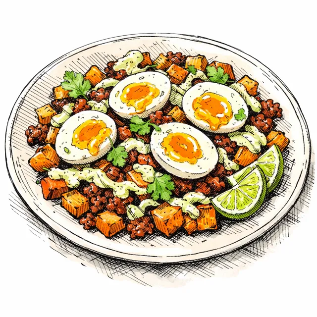 Sheet-Pan Sweet Potato Hash with Crispy Chorizo, Jammy Eggs + Lime-Cilantro Crema