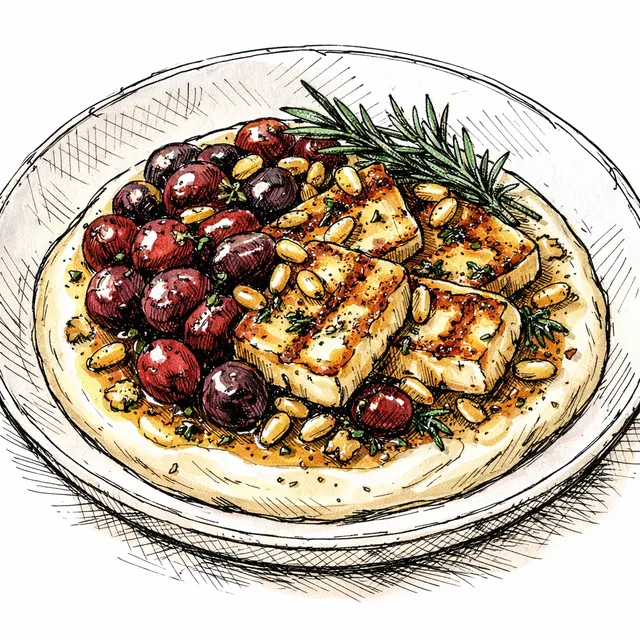 Fire-Roasted Halloumi & Jammy Blistered Grapes with Sizzling Pine Nut-Rosemary Butter over Velvet Urfa Tahini