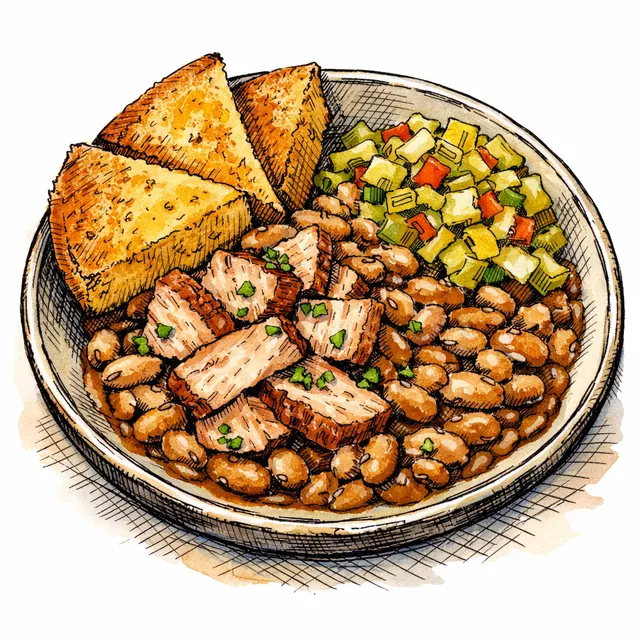 Smoked Turkey & Slow-Simmered Anson Beans Bowl with Skillet Cornbread Wedges and Chowchow-Style Cabbage Pickles