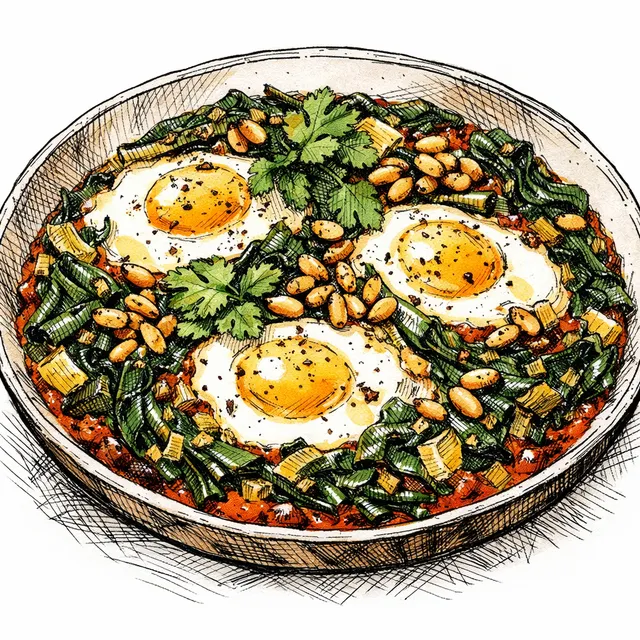 Melting Swiss Chard & Preserved Lemon Shakshuka with Sizzling Urfa Pine Nuts