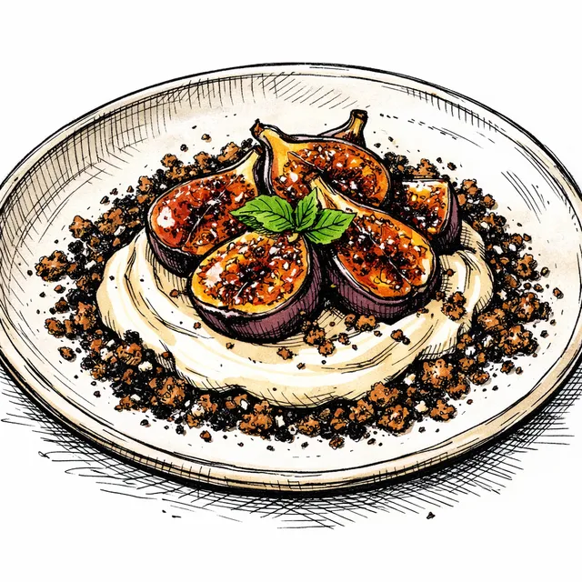 Broiled Figs with Cold Tahini Cream & Espresso-Sesame Sand