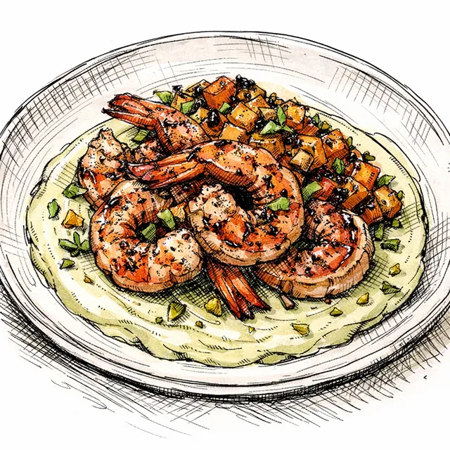 Fire-Grilled Sumac Shrimp with Blistered Peach-Urfa Relish over Creamy Pistachio Tahini
