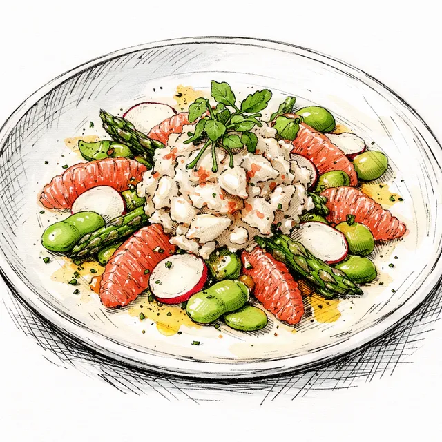 Spring Terrace Salade de Crabe with Fava Beans & Grapefruit Vinaigrette