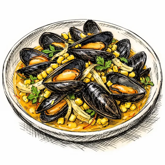 Sunset in a Bowl: Golden Saffron & Fennel Steamed Mussels with Summer Corn