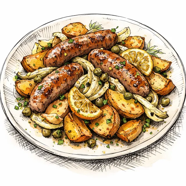 Sheet-Pan Sausage & Fennel with Crispy Potatoes + Lemon-Caper Dijon Pan Vinaigrette