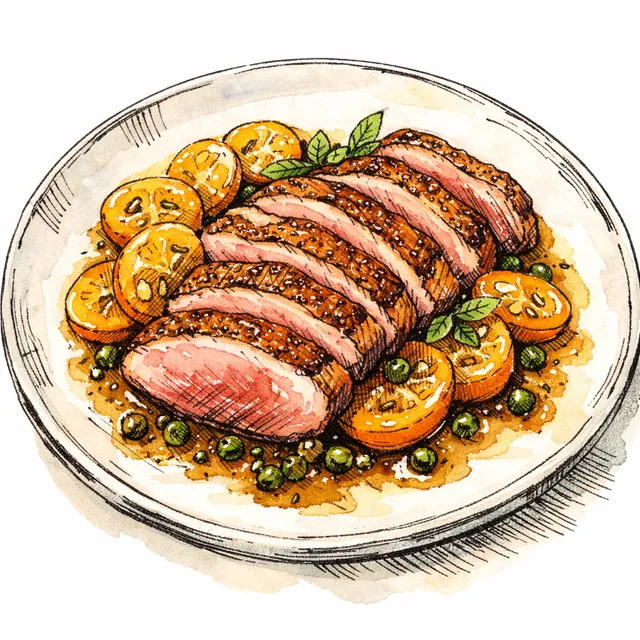 Pan-Roasted Duck Breast with Tart Kumquats & Green Peppercorn Pan Sauce