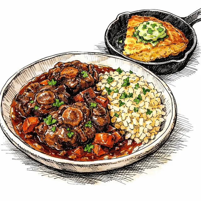 Friday-Night Oxtail “Sunday Gravy” with Red Wine, Carolina Gold Rice & Skillet Cornbread with Scallion-Chive Butter