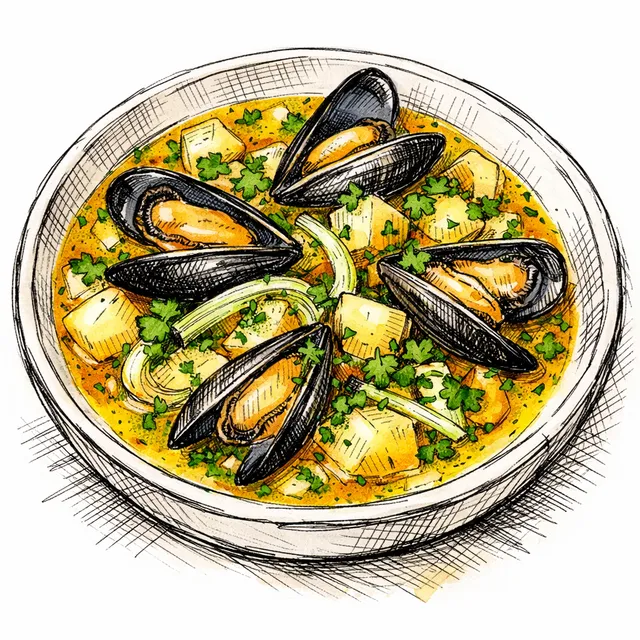 Bistro Mussel & Potato Chowder(ish) with Saffron–Fennel Broth + Parsley–Chive Herb Oil