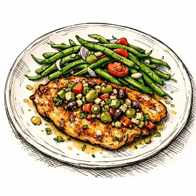 Pan-Roasted Chicken Paillard with Warm Haricots Verts & Smashed Olive Vinaigrette