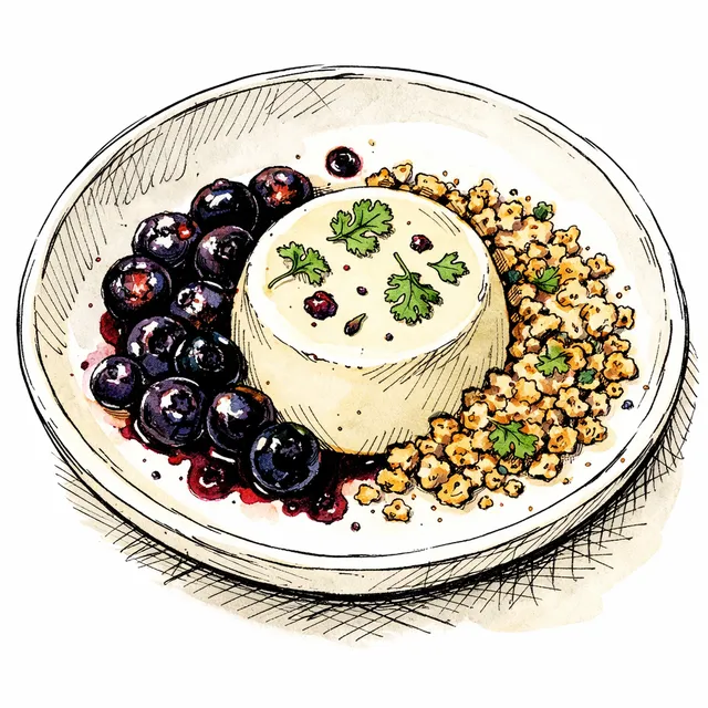 Cold-Set Buttermilk Velvet with Flash-Blistered Blueberries & Coriander-Oat Sand