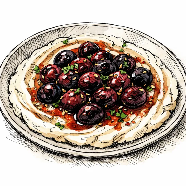 Cast-Iron Blistered Urfa Cherries over Tahini-Swirled Labneh