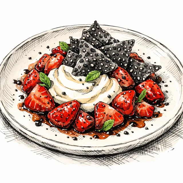 White Balsamic Strawberries with Whipped Olive-Oil Cream & Black Sesame Shatter
