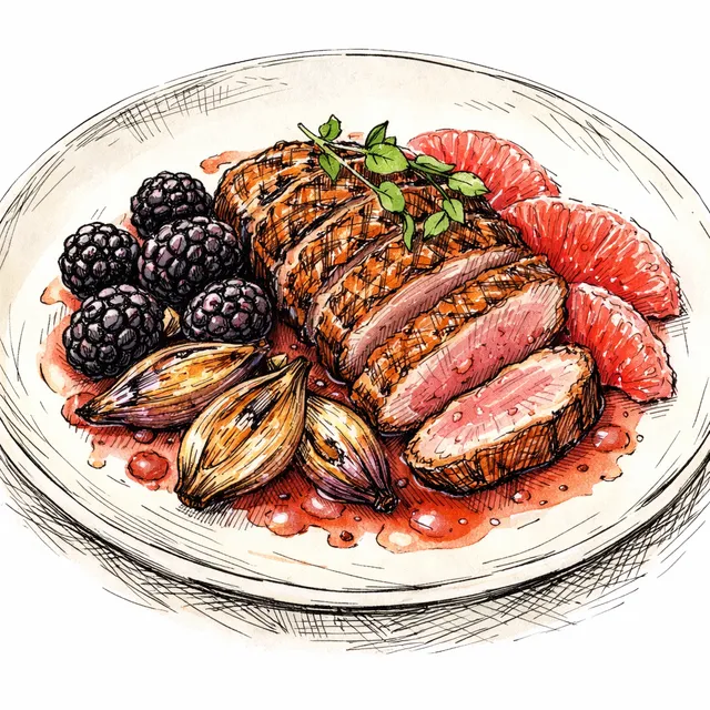 Pan-Seared Duck Breast with Blackberries, Charred Shallots & Pink Grapefruit Gastrique