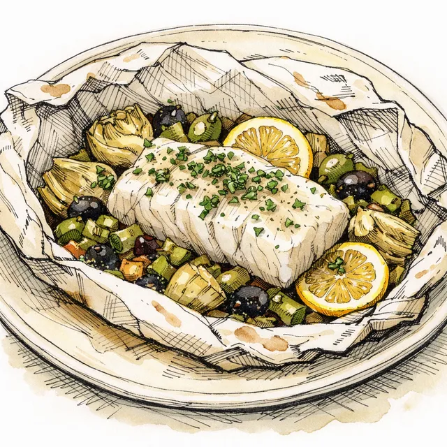 Pacific Cod en Papillote with Artichokes, Crushed Olives & Meyer Lemon