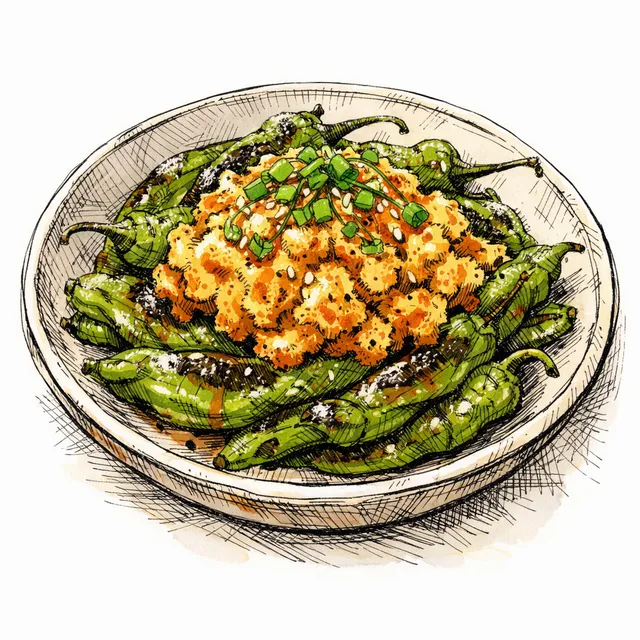 Tokyo-Meets-Lima: Cast-Iron Blistered Shishitos with Aji Amarillo Crab Dynamite