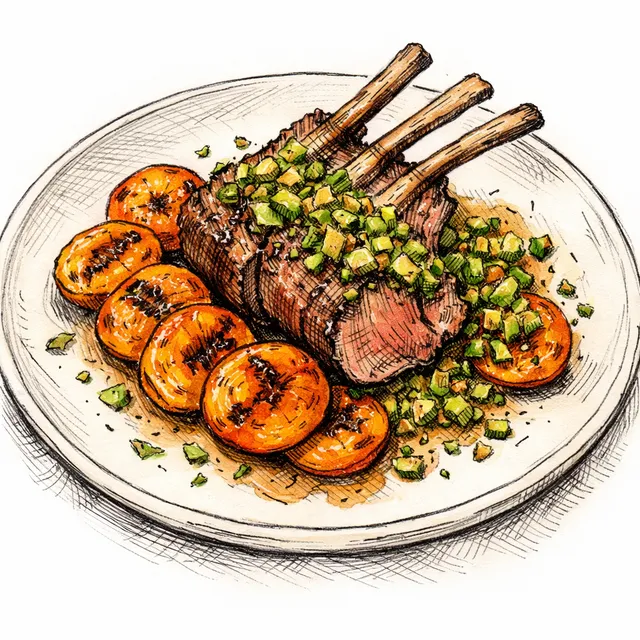 Pan-Roasted Rack of Lamb with Blistered Early Apricots & Pistachio Mint Gremolata