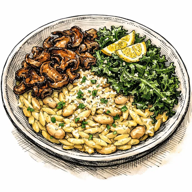 Creamy Lemon-Parm White Bean Orzo with Crispy Mushrooms & Lemony Kale