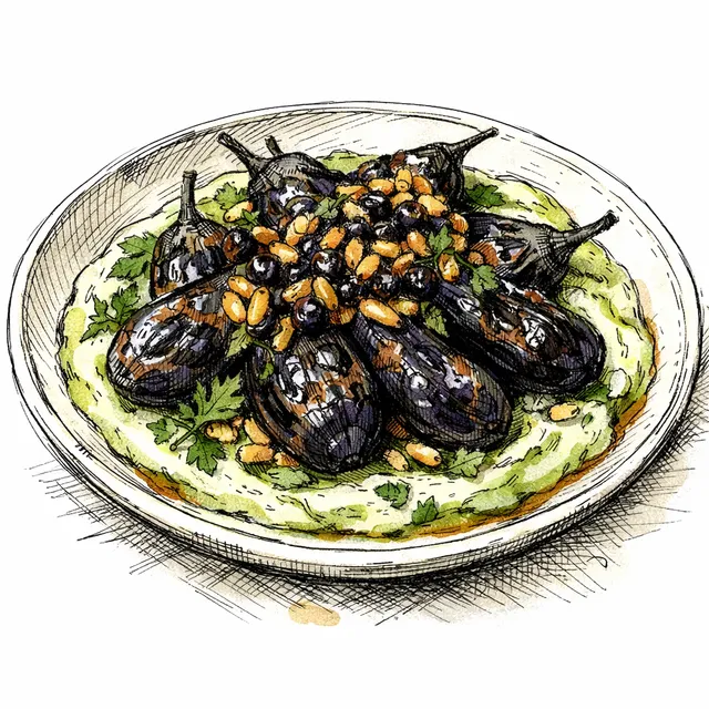 Fire-Blistered Baby Eggplants with Sizzling Pine Nut & Currant Relish over Green Herb Tahini
