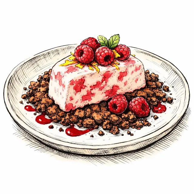 Frozen Raspberry & Yuzu Semifreddo with Warm Cacao Sand