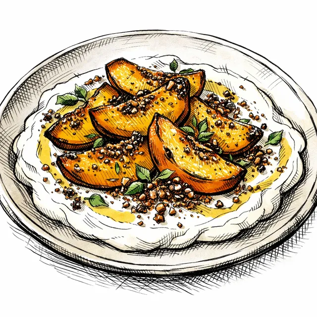 High-Roast Yellow Peaches with Cold Olive Oil Labneh & Cacao Dukkah