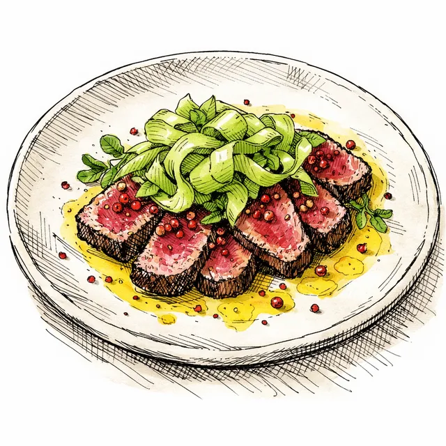 Valentine’s Beef Tataki with Pink Pepper Quick Cure & Meyer Lemon–Olive Oil Emulsion (with Celery Heart Ribbons)